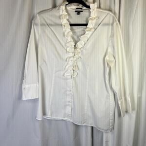 TALBOTS White Cotton Stretch V-Neck Ribbon Trim Button Front 3/4 Slv Shirt Sz 14
